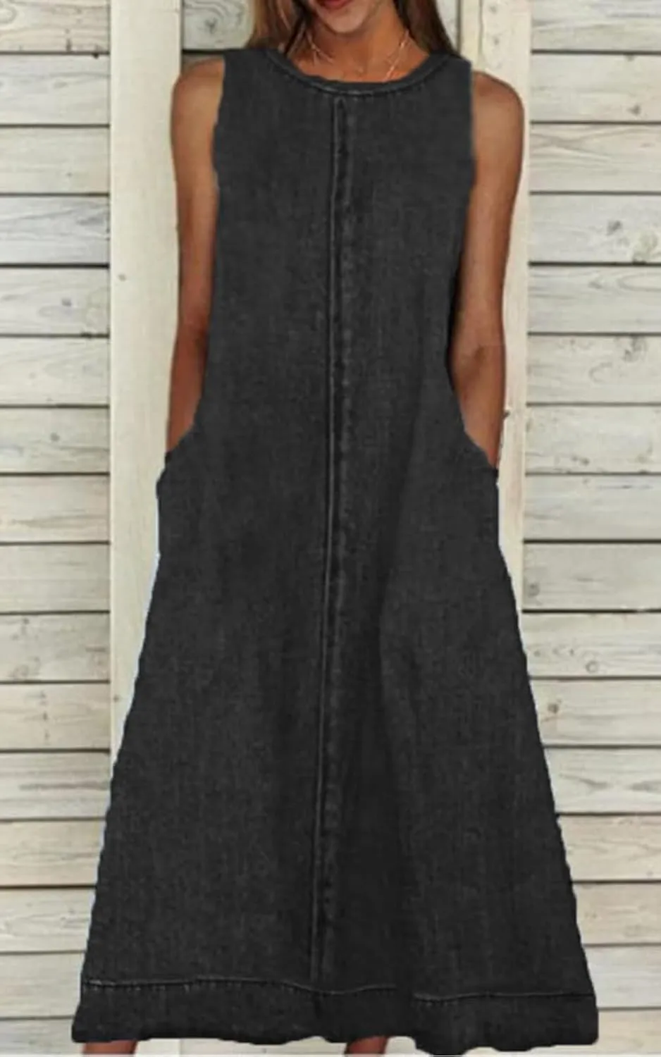 Womens Casual Sleeveless Maxi Denim Dress Crewneck Vintage Loose Long Vest Jean Dress with Pockets