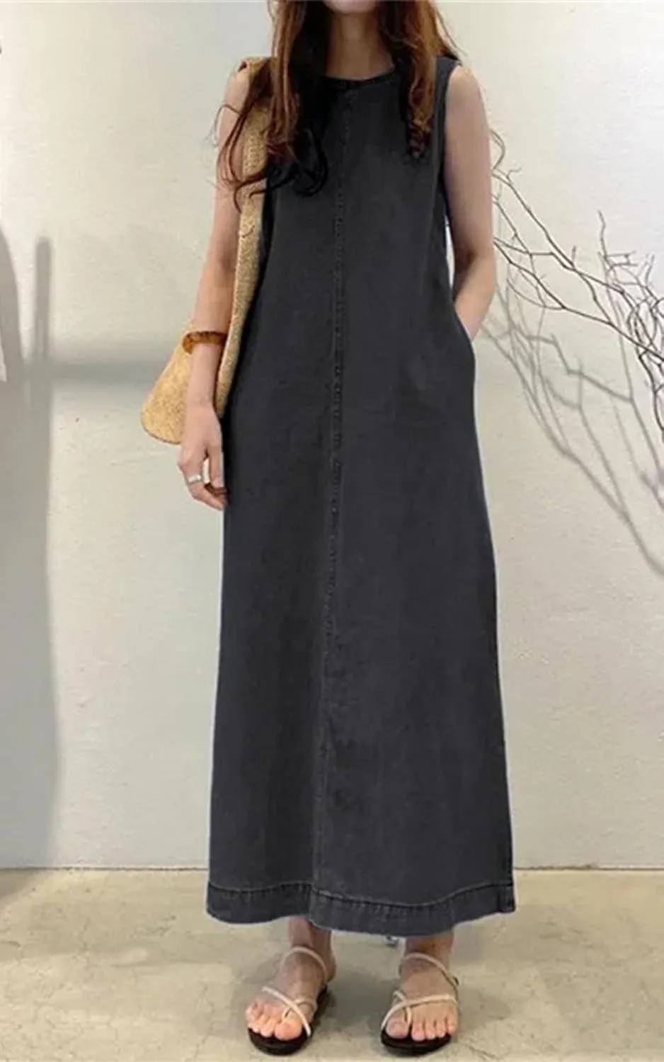 Womens Casual Sleeveless Maxi Denim Dress Crewneck Vintage Loose Long Vest Jean Dress with Pockets