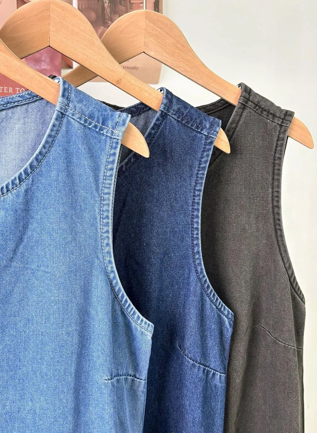Womens Casual Sleeveless Maxi Denim Dress Crewneck Vintage Loose Long Vest Jean Dress with Pockets
