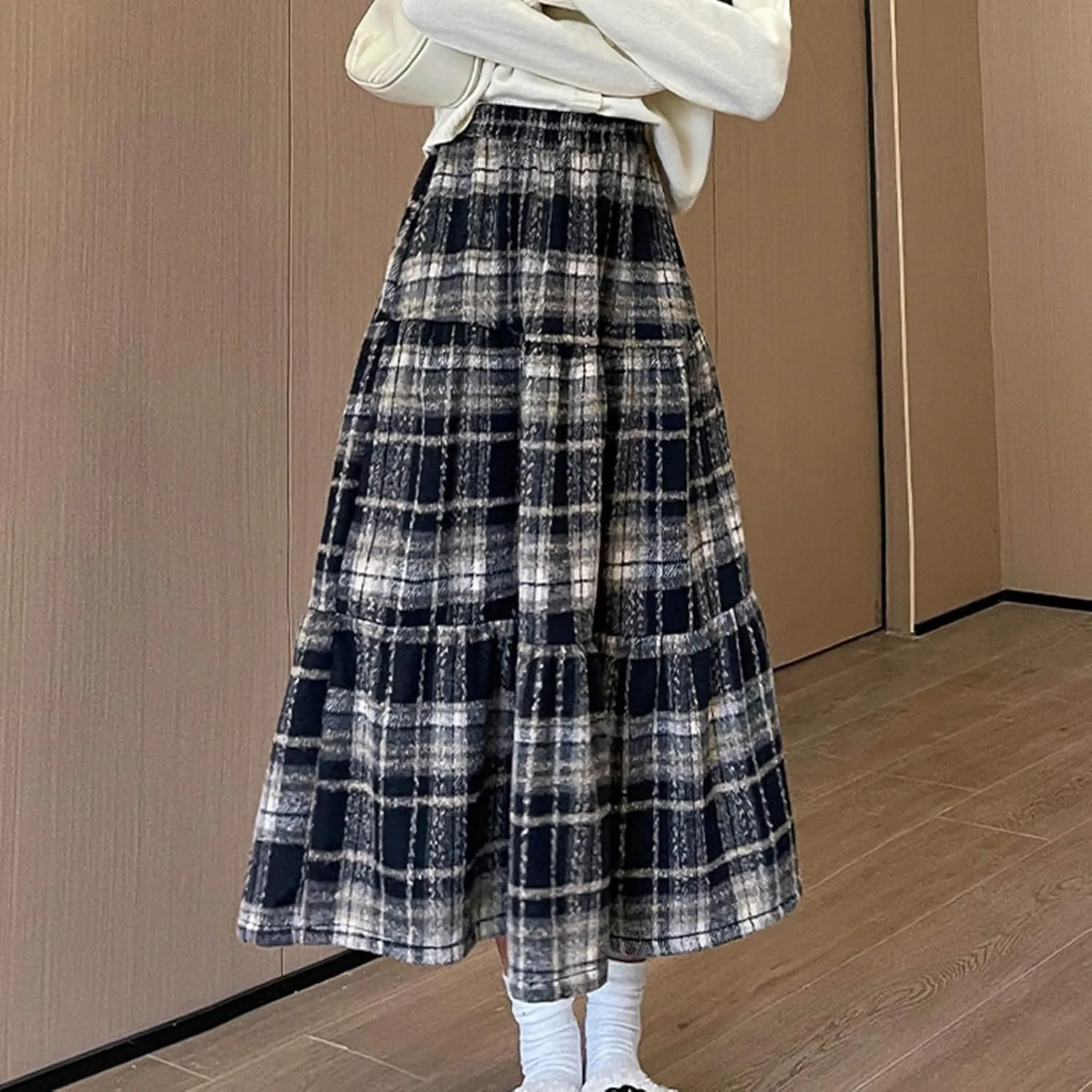 Womens Checkered Long Skirts Stretch High Waist A-Line Swing Skirt Comfy Wool Blend Ankle Length Midi Skirt