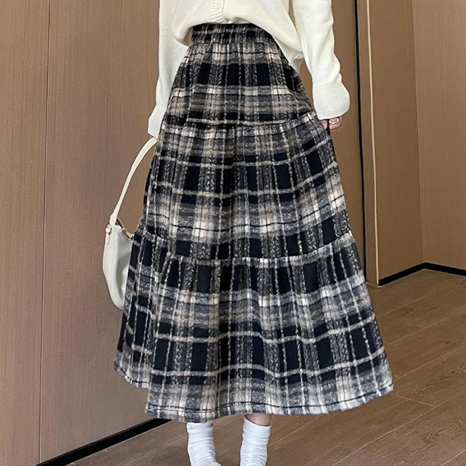 Womens Checkered Long Skirts Stretch High Waist A-Line Swing Skirt Comfy Wool Blend Ankle Length Midi Skirt