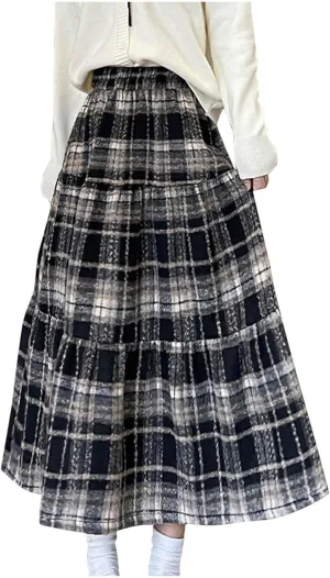Womens Checkered Long Skirts Stretch High Waist A-Line Swing Skirt Comfy Wool Blend Ankle Length Midi Skirt