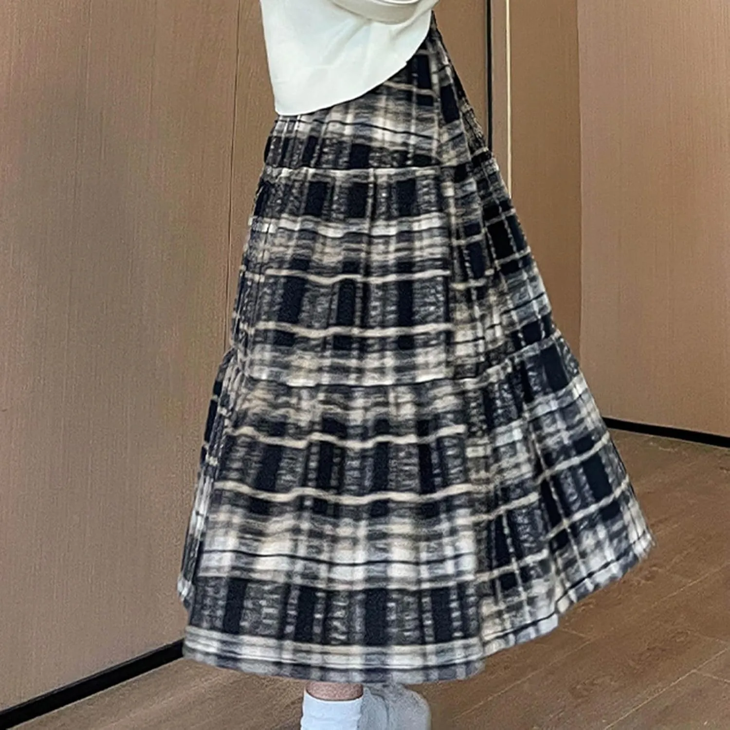 Womens Checkered Long Skirts Stretch High Waist A-Line Swing Skirt Comfy Wool Blend Ankle Length Midi Skirt