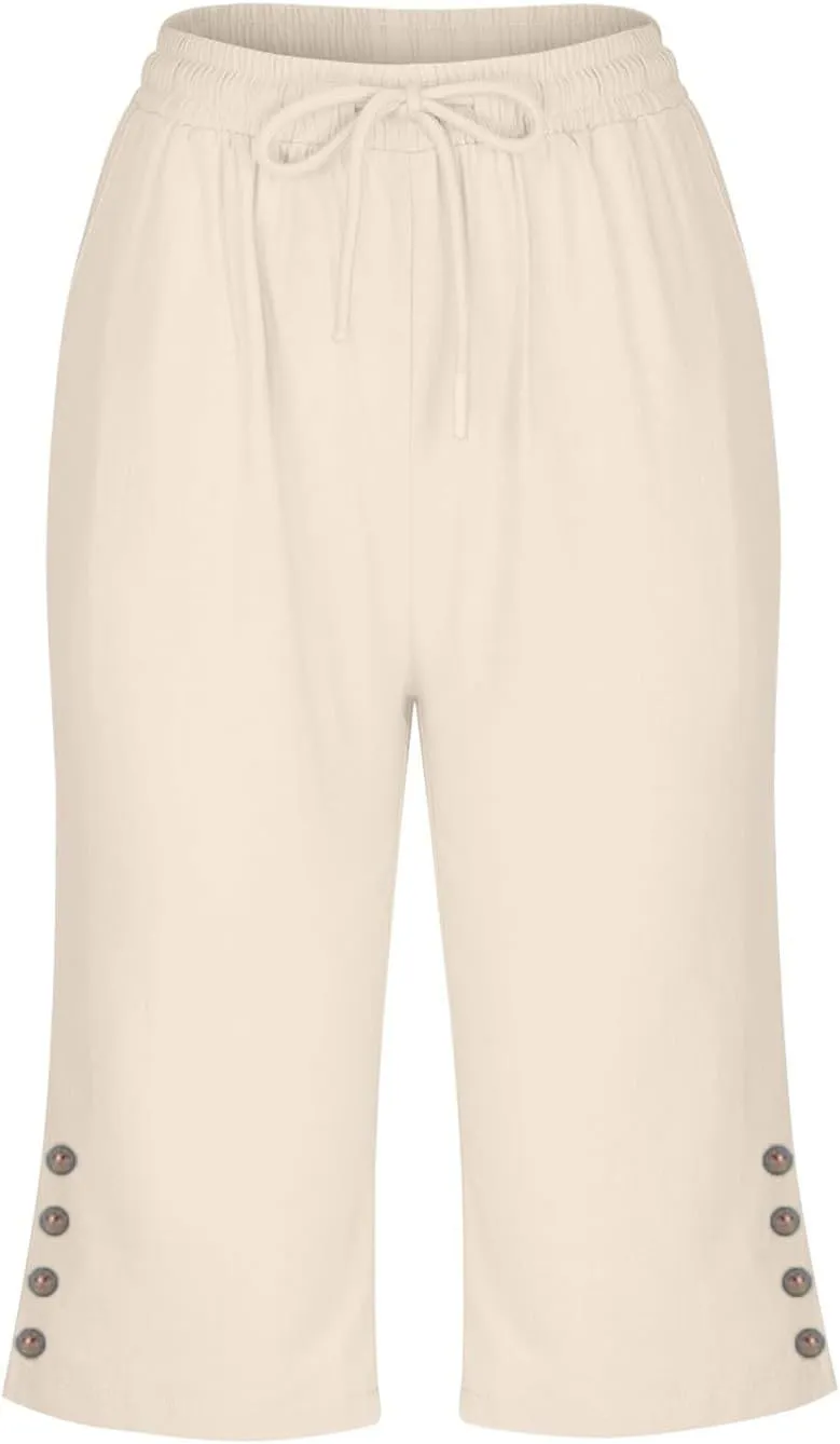 Women's Cotton Linen Capri Straight Leg Pants Elastic Drawstring Casual Trousers with Pockets Summer Beach Pants