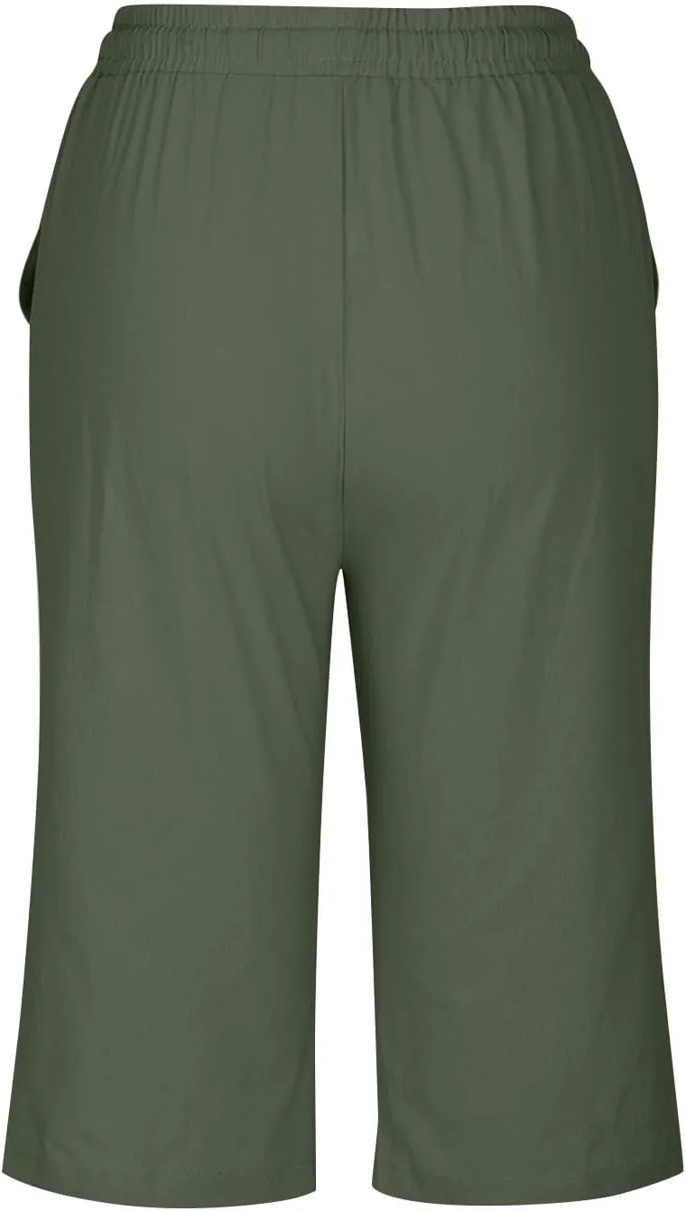 Women's Cotton Linen Capri Straight Leg Pants Elastic Drawstring Casual Trousers with Pockets Summer Beach Pants