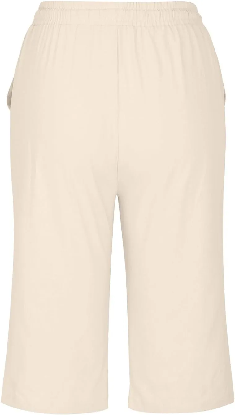 Women's Cotton Linen Capri Straight Leg Pants Elastic Drawstring Casual Trousers with Pockets Summer Beach Pants