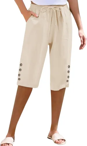 Women's Cotton Linen Capri Straight Leg Pants Elastic Drawstring Casual Trousers with Pockets Summer Beach Pants