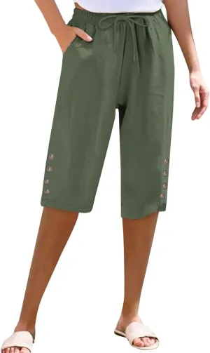 Women's Cotton Linen Capri Straight Leg Pants Elastic Drawstring Casual Trousers with Pockets Summer Beach Pants