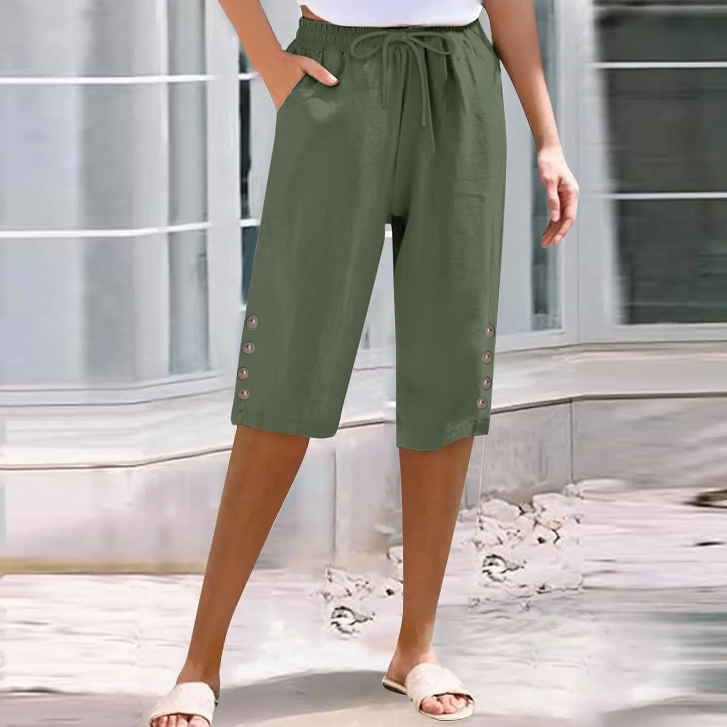 Women's Cotton Linen Capri Straight Leg Pants Elastic Drawstring Casual Trousers with Pockets Summer Beach Pants