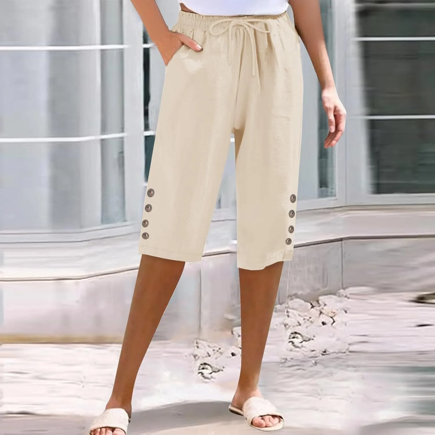 Women's Cotton Linen Capri Straight Leg Pants Elastic Drawstring Casual Trousers with Pockets Summer Beach Pants