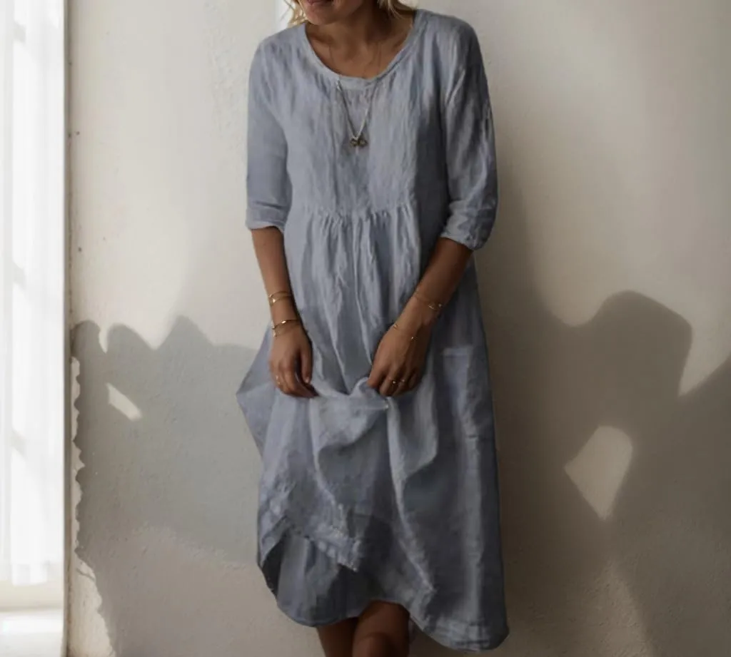 Women's Cotton Linen Midi Dresses Ruffled Round Neck Half Sleeve Pleated Summer Vacation Flowy Dress wih Pockets