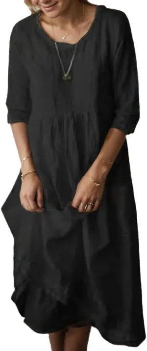 Women's Cotton Linen Midi Dresses Ruffled Round Neck Half Sleeve Pleated Summer Vacation Flowy Dress wih Pockets