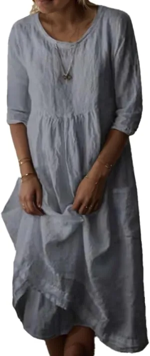 Women's Cotton Linen Midi Dresses Ruffled Round Neck Half Sleeve Pleated Summer Vacation Flowy Dress wih Pockets