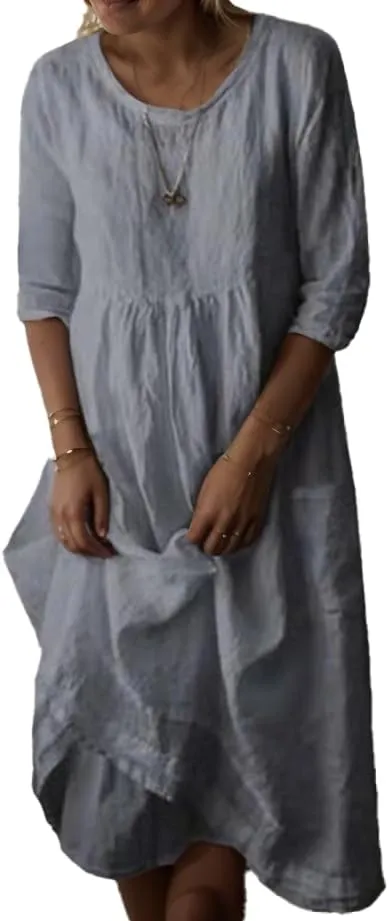 Women's Cotton Linen Midi Dresses Ruffled Round Neck Half Sleeve Pleated Summer Vacation Flowy Dress wih Pockets