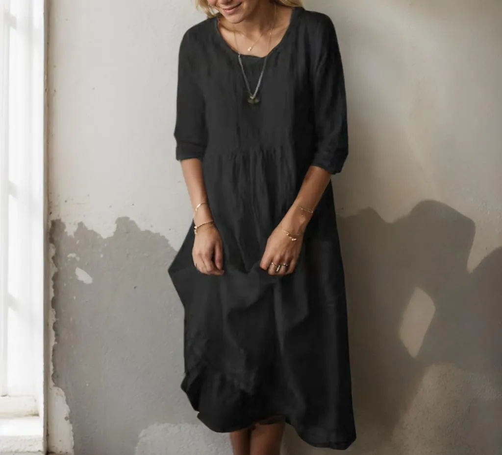 Women's Cotton Linen Midi Dresses Ruffled Round Neck Half Sleeve Pleated Summer Vacation Flowy Dress wih Pockets