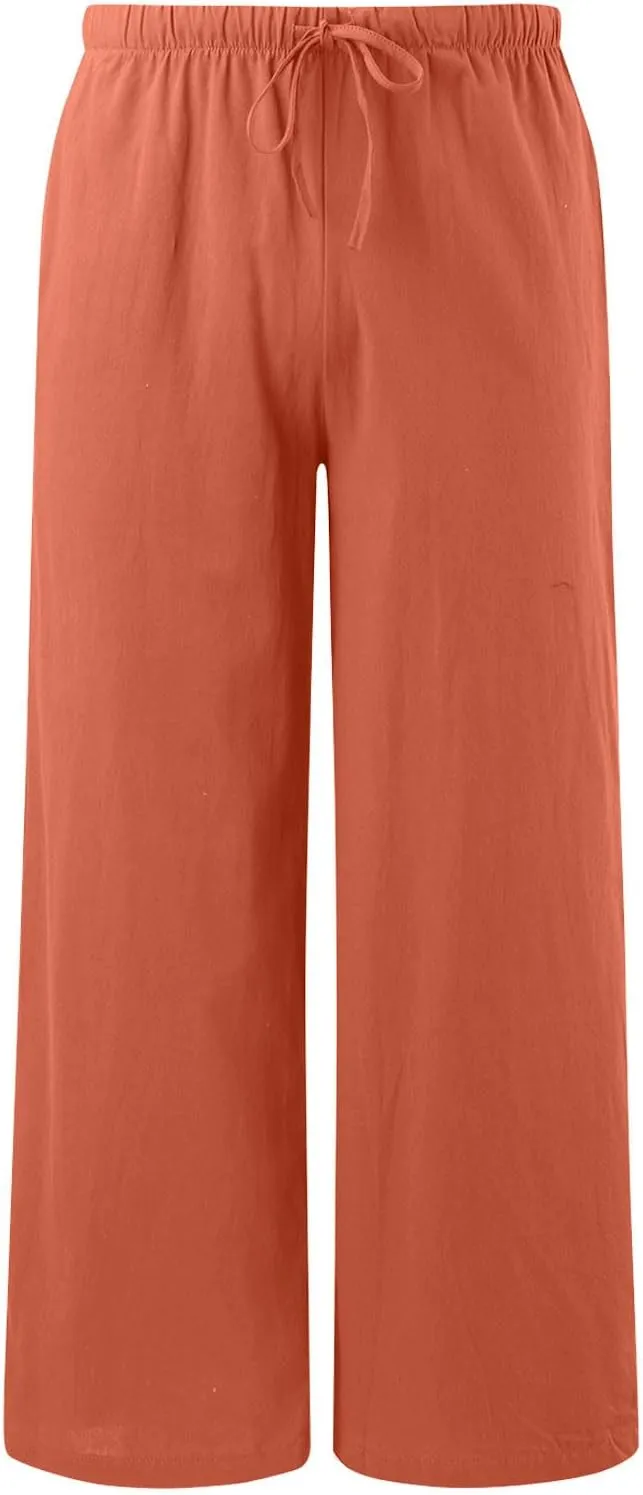 Women's Cotton Linen Summer Breathable Palazzo Lounge Pants High Waist Wide Leg Slim-Fit Trousers Business Work