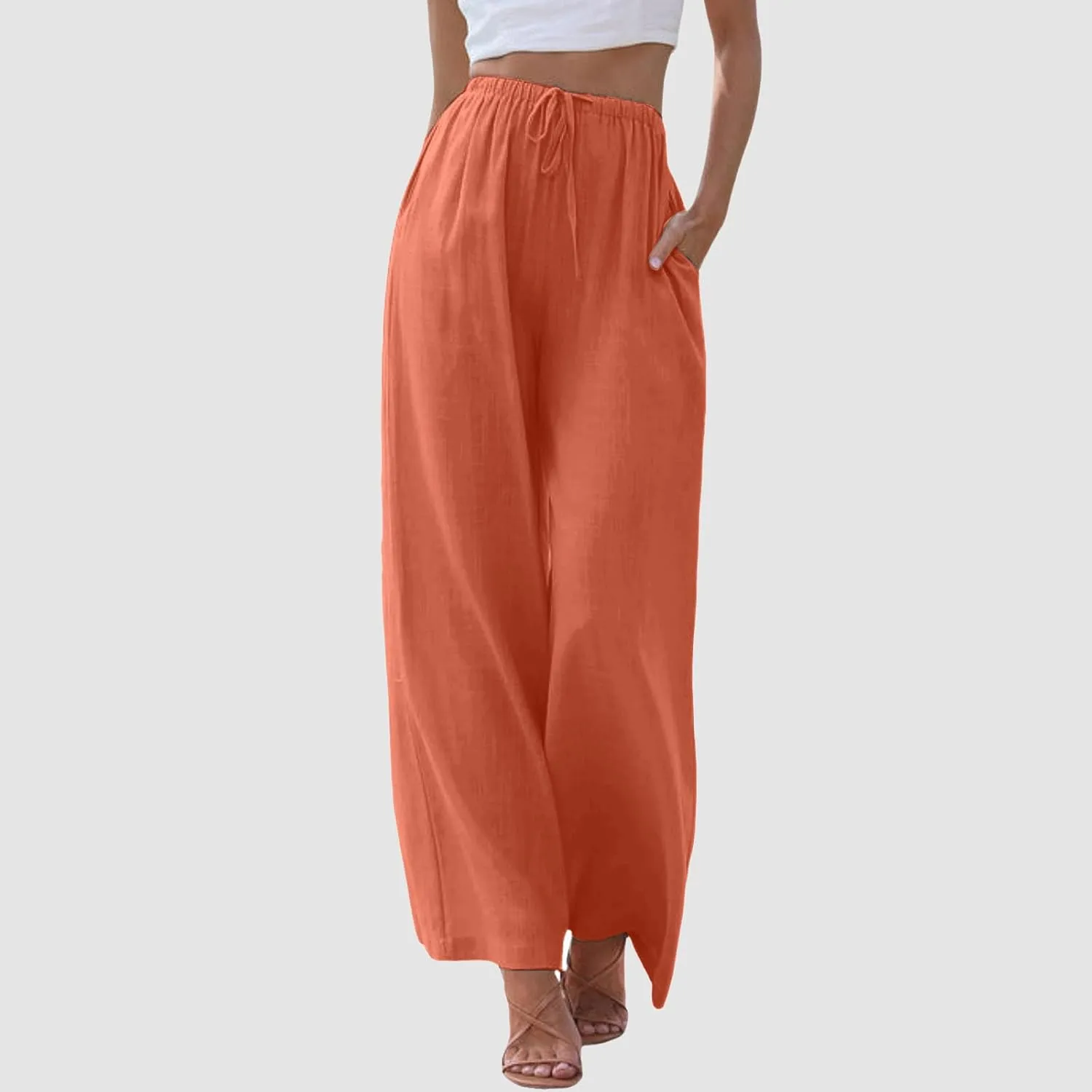 Women's Cotton Linen Summer Breathable Palazzo Lounge Pants High Waist Wide Leg Slim-Fit Trousers Business Work