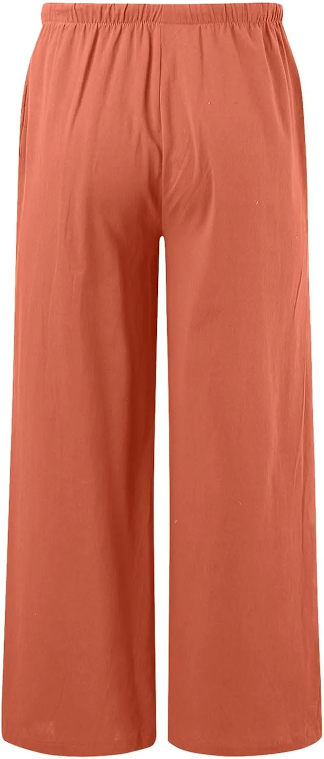Women's Cotton Linen Summer Breathable Palazzo Lounge Pants High Waist Wide Leg Slim-Fit Trousers Business Work