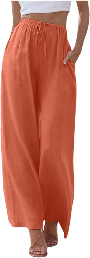 Women's Cotton Linen Summer Breathable Palazzo Lounge Pants High Waist Wide Leg Slim-Fit Trousers Business Work