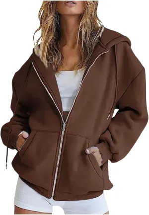 Women's Drawstring Zip Up Cute Hoodies Fall Jacket Oversized Casual Sweatshirts with Pocket 2025 Trendy
