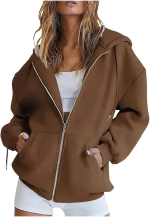 Women's Drawstring Zip Up Cute Hoodies Fall Jacket Oversized Casual Sweatshirts with Pocket 2025 Trendy