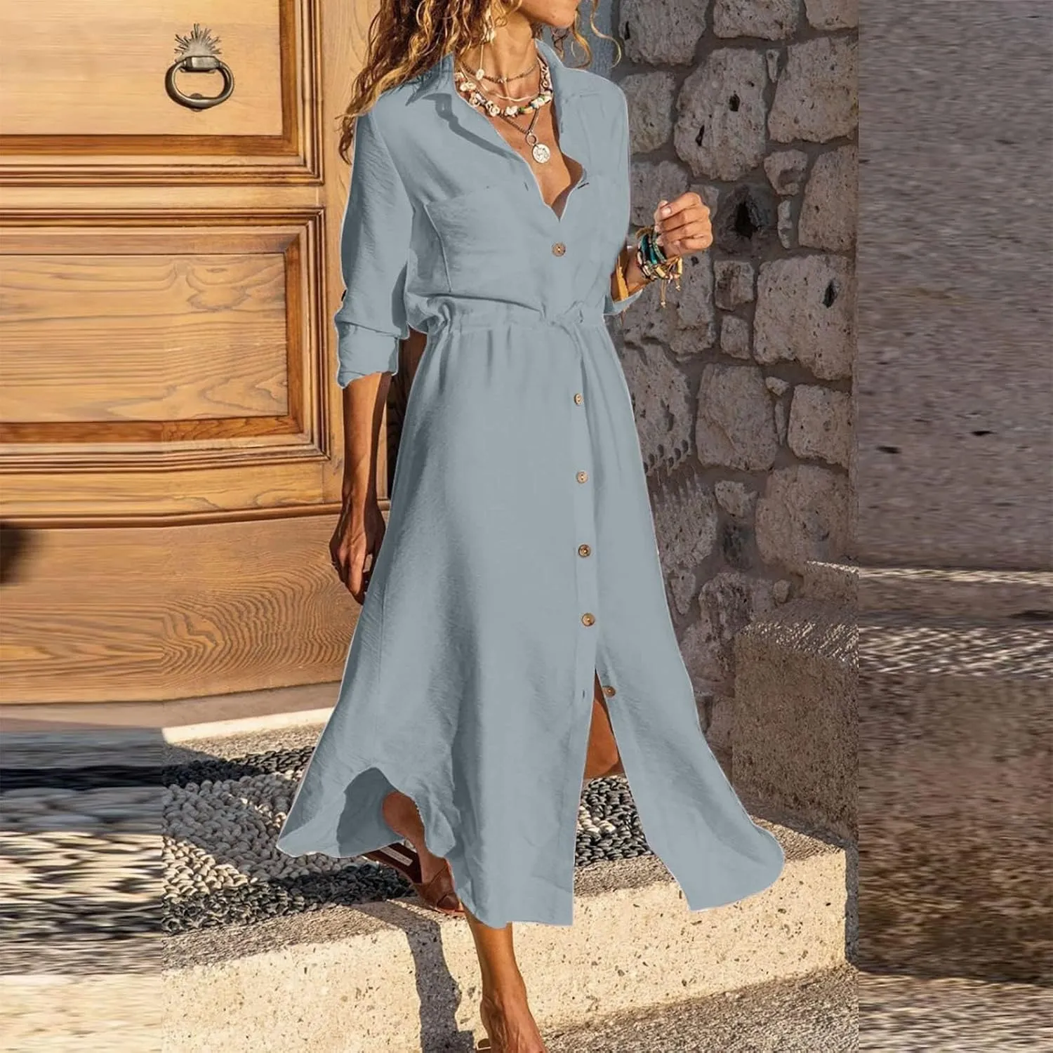 Womens Dress Summer Casual Short Sleeve Button Down Shirt Dresses Beach Cover Up Sundress with Pockets
