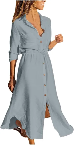 Womens Dress Summer Casual Short Sleeve Button Down Shirt Dresses Beach Cover Up Sundress with Pockets