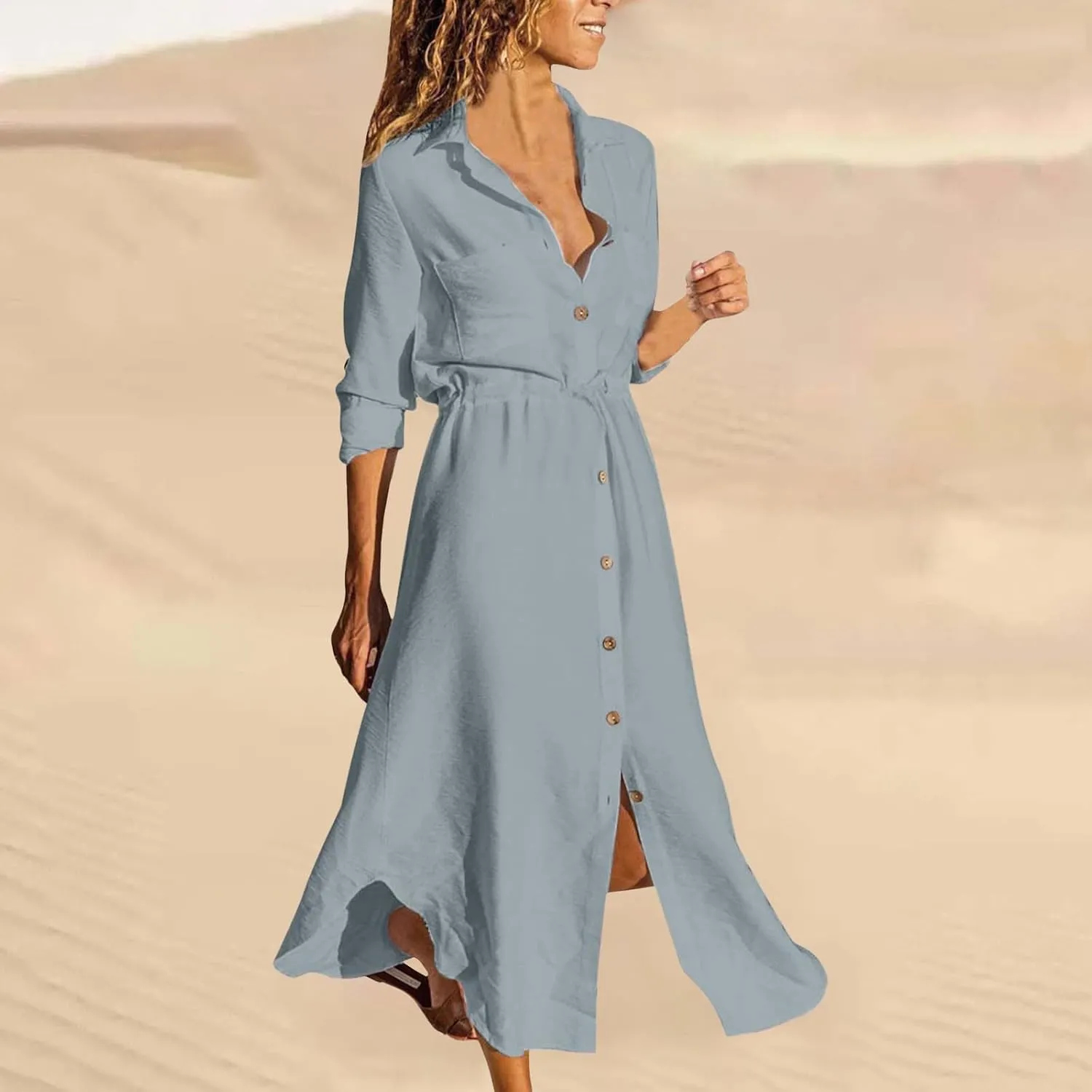 Womens Dress Summer Casual Short Sleeve Button Down Shirt Dresses Beach Cover Up Sundress with Pockets