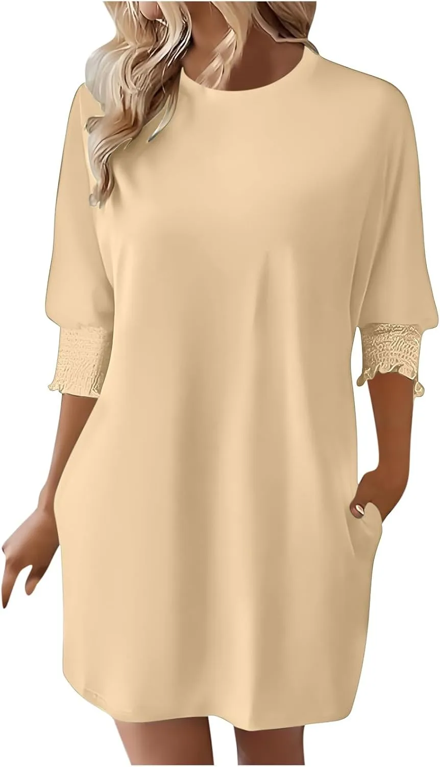 Womens Dresses 2025 Spring 3/4 Sleeve Fashion Dresses Crewneck Casual Mini Dress with Pockets Trendy Summer Outfits