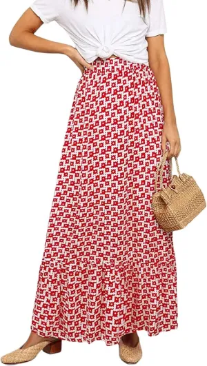 Womens Floral Print Boho Maxi Skirt High Elastic Waist Pleated Flowy Swing A-Line Maxi Skirts Summer Beach Flowy Skirts