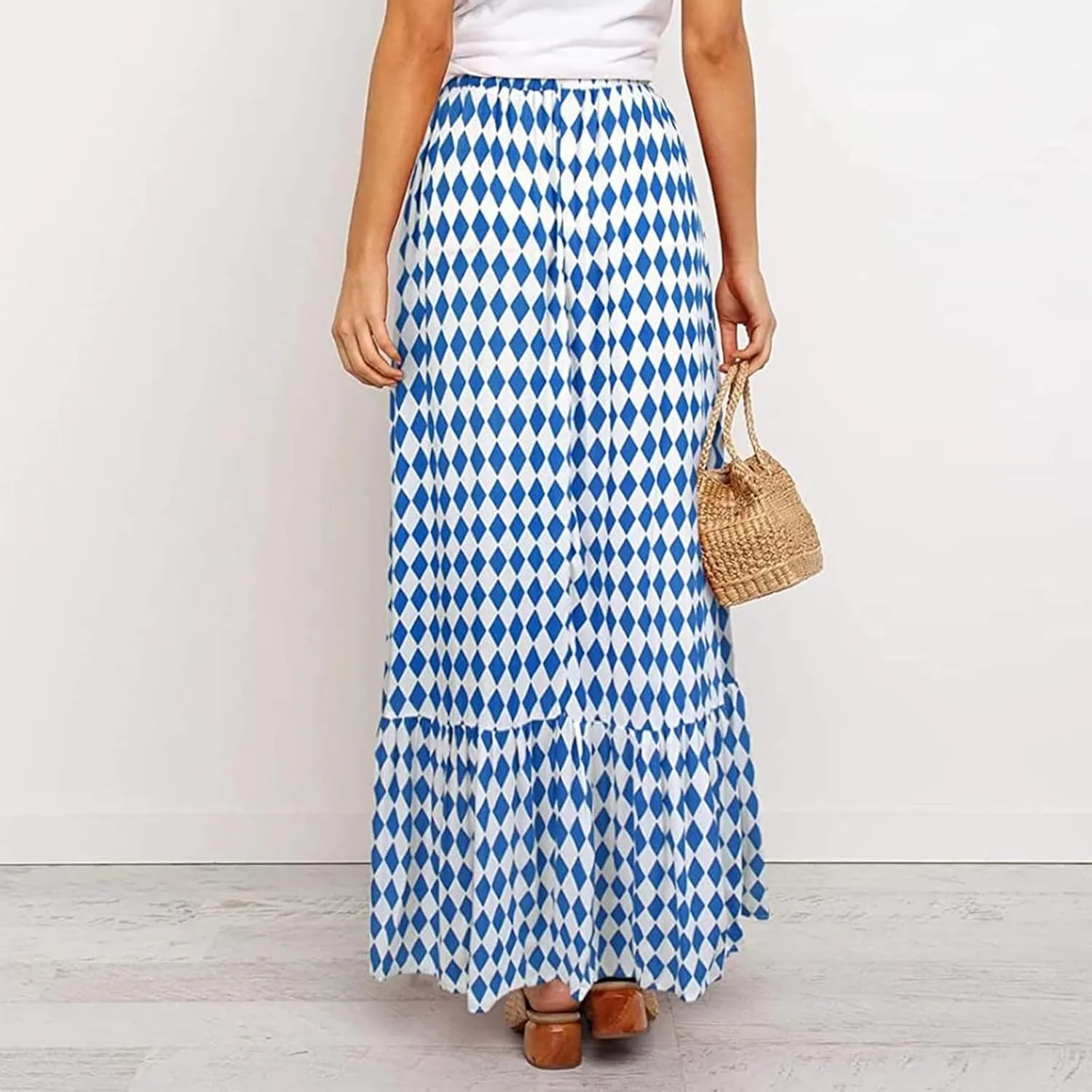 Womens Floral Print Boho Maxi Skirt High Elastic Waist Pleated Flowy Swing A-Line Maxi Skirts Summer Beach Flowy Skirts