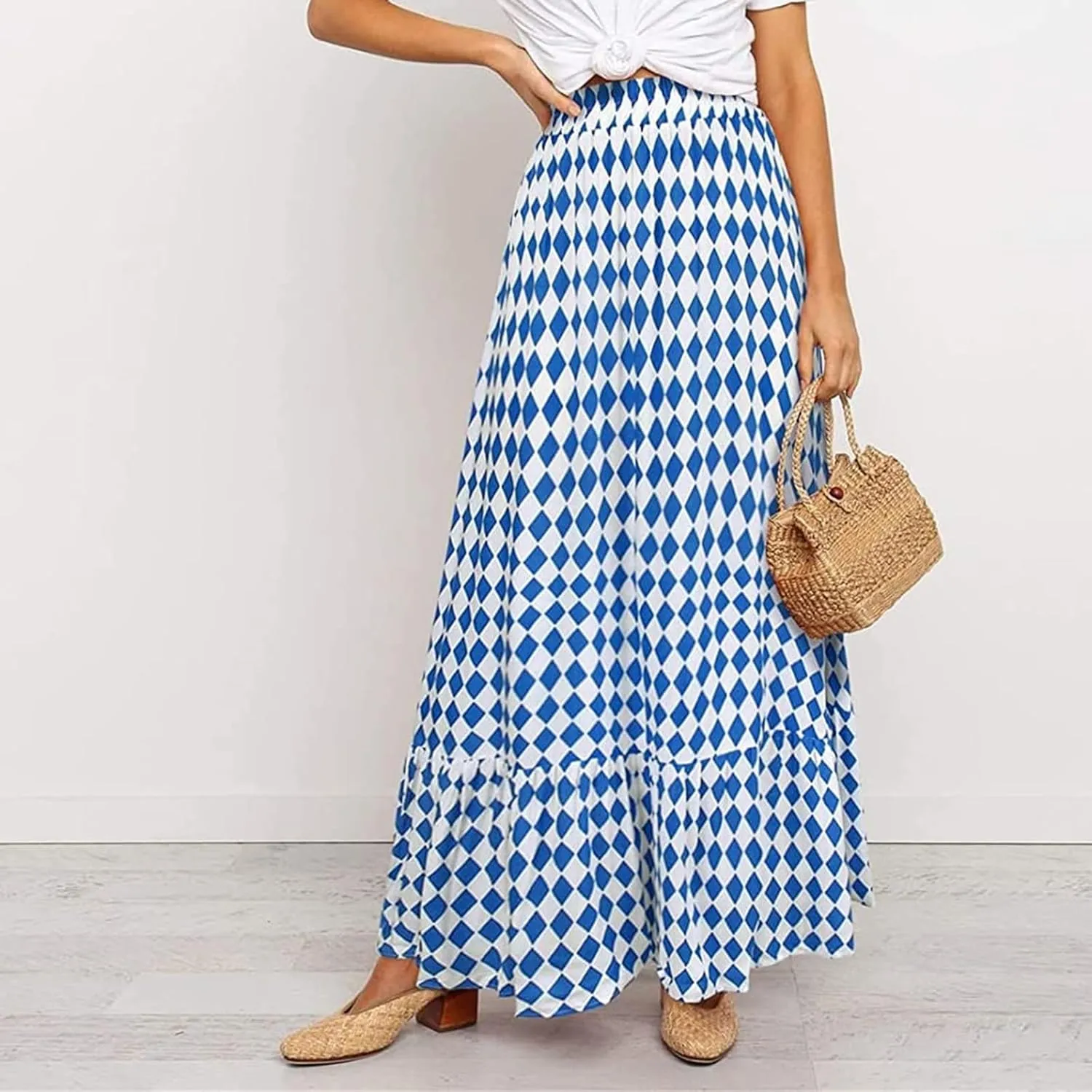 Womens Floral Print Boho Maxi Skirt High Elastic Waist Pleated Flowy Swing A-Line Maxi Skirts Summer Beach Flowy Skirts