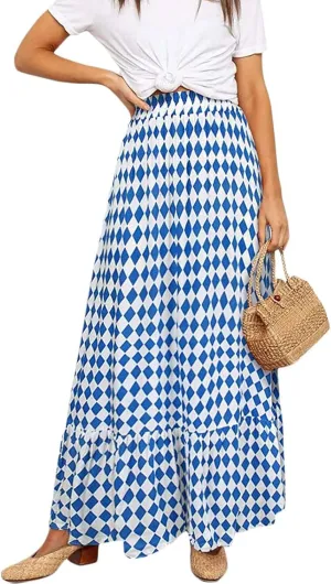Womens Floral Print Boho Maxi Skirt High Elastic Waist Pleated Flowy Swing A-Line Maxi Skirts Summer Beach Flowy Skirts