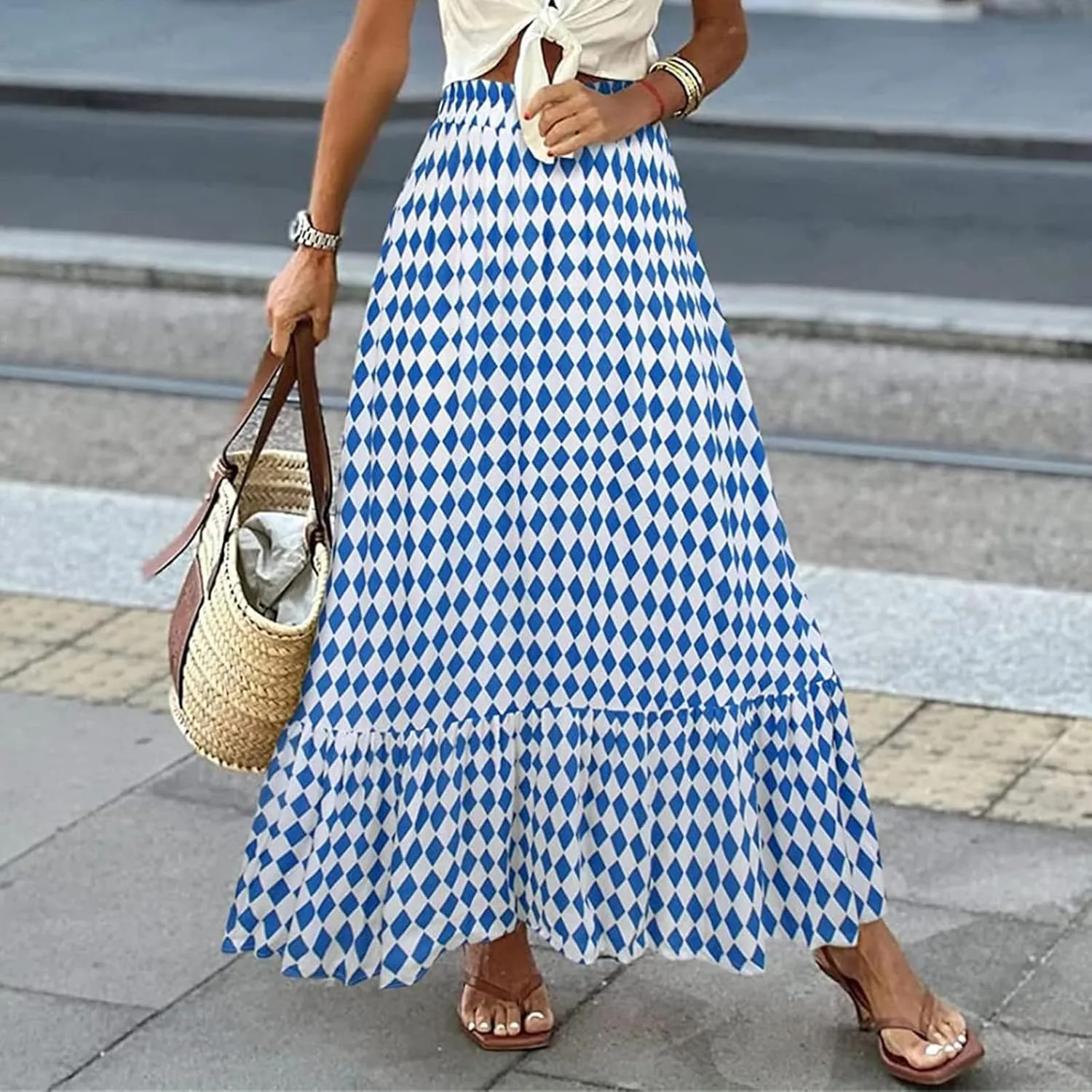 Womens Floral Print Boho Maxi Skirt High Elastic Waist Pleated Flowy Swing A-Line Maxi Skirts Summer Beach Flowy Skirts