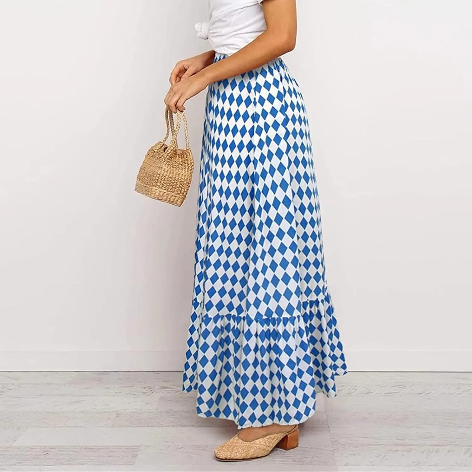 Womens Floral Print Boho Maxi Skirt High Elastic Waist Pleated Flowy Swing A-Line Maxi Skirts Summer Beach Flowy Skirts