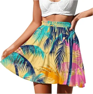 Womens Floral Ruffle Mini Skirts 2025 Summer Skater Short Skirt Elastic Waist Boho Pleated Skirts Trendy Half Dress