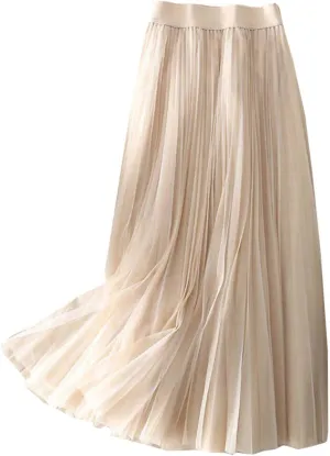 Womens Flowy Layered Tulle Midi Pleated Skirt Elastic Waist Swing Long Skirt Fashion Casual Dresses
