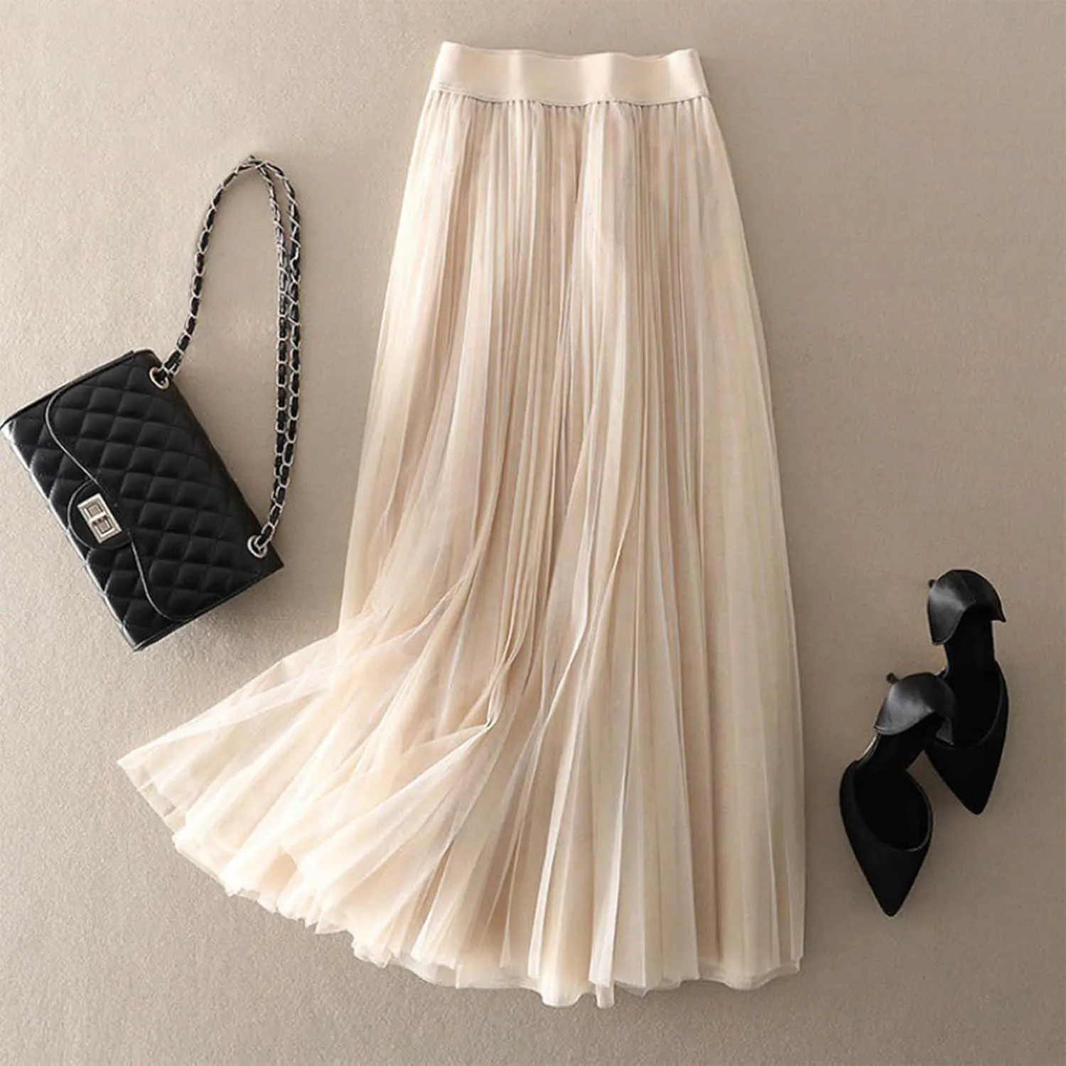 Womens Flowy Layered Tulle Midi Pleated Skirt Elastic Waist Swing Long Skirt Fashion Casual Dresses