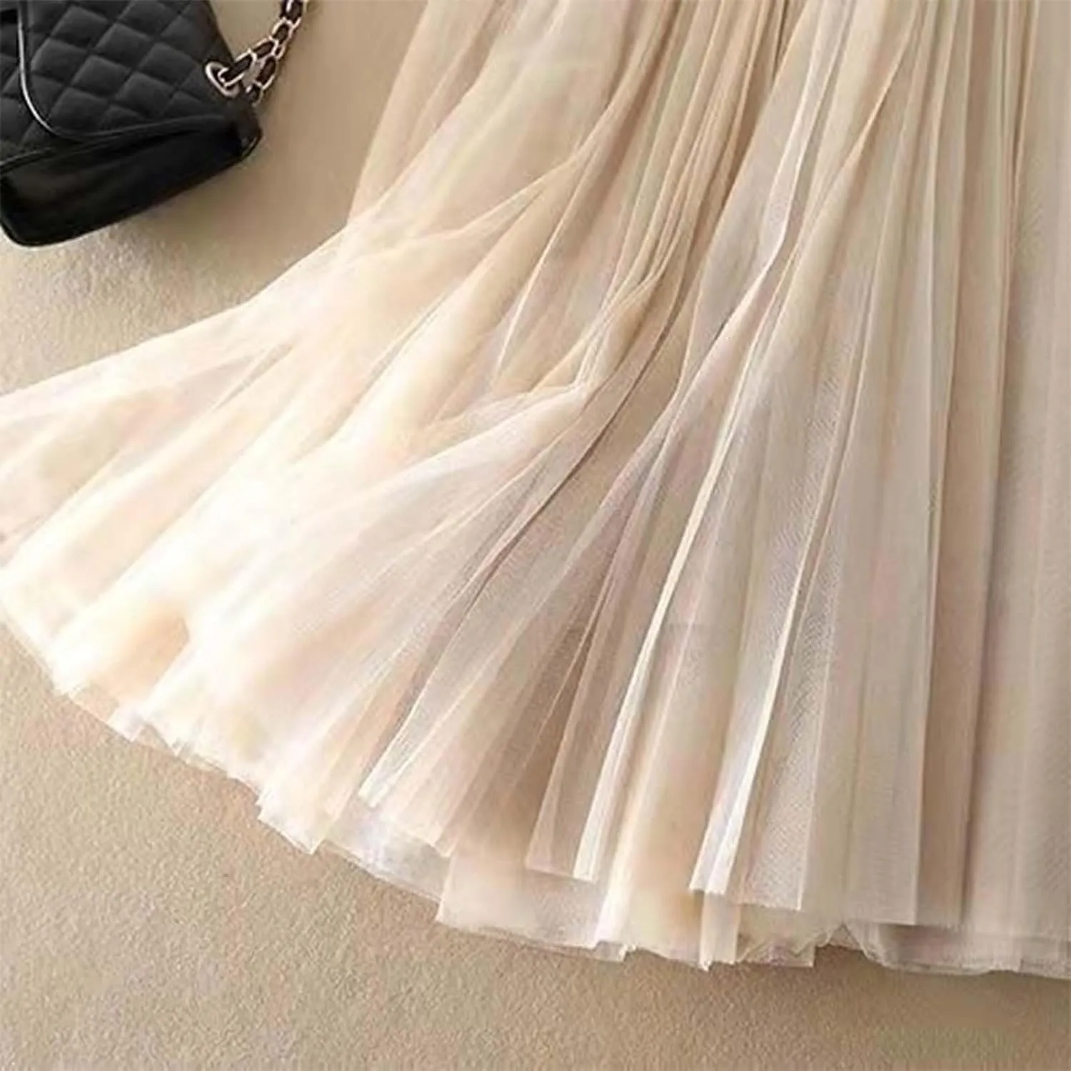 Womens Flowy Layered Tulle Midi Pleated Skirt Elastic Waist Swing Long Skirt Fashion Casual Dresses