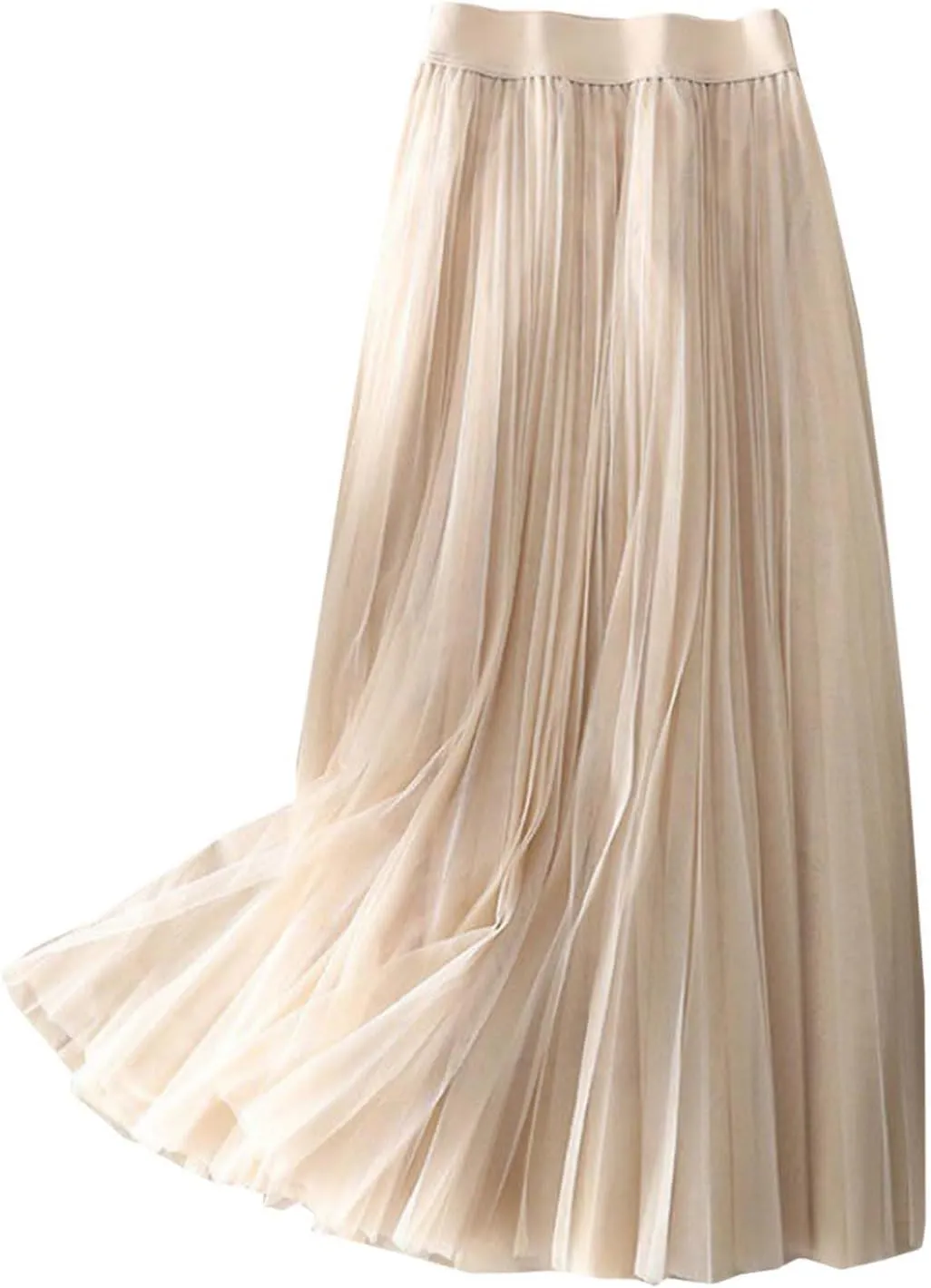Womens Flowy Layered Tulle Midi Pleated Skirt Elastic Waist Swing Long Skirt Fashion Casual Dresses