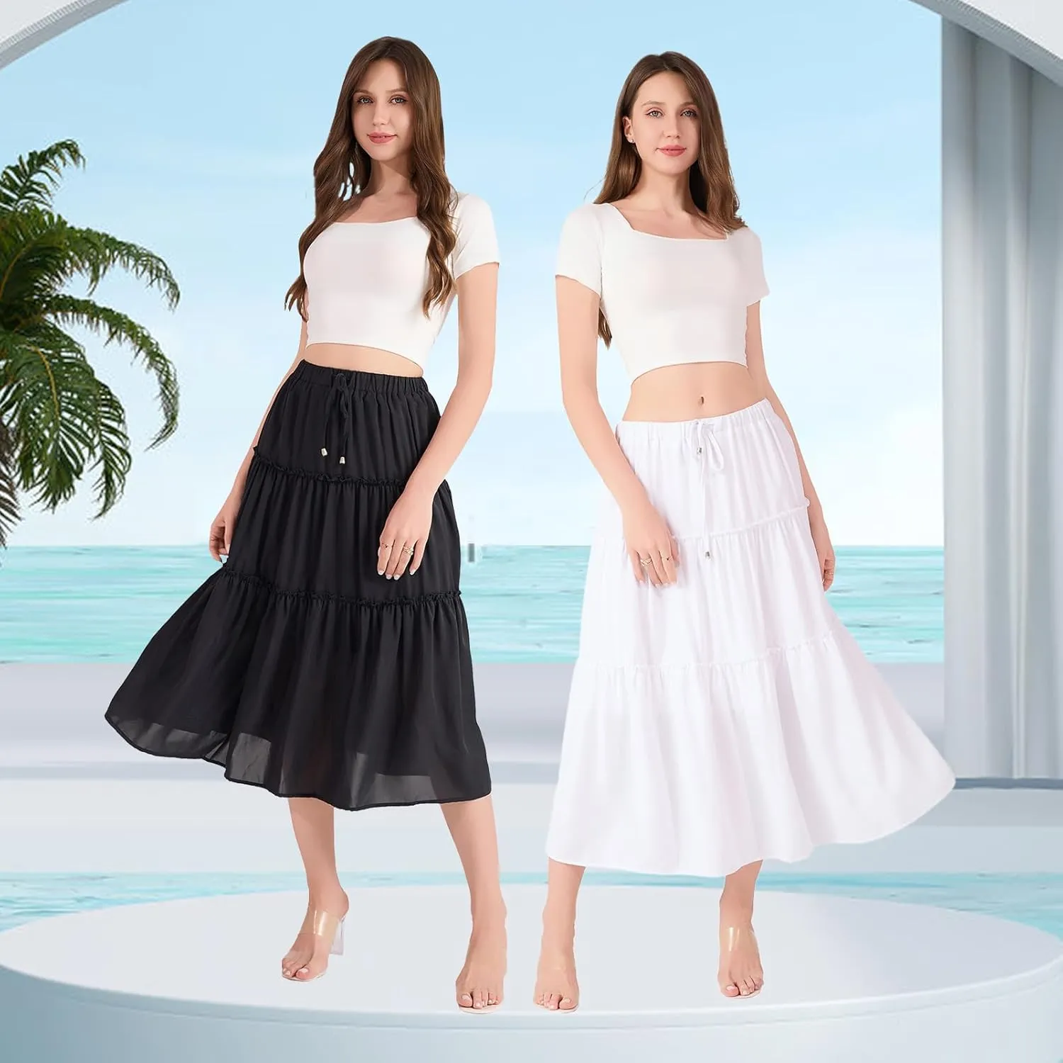 Women's Flowy Maxi Skirt Summer Casual High Elastic Waist TieFloral Boho Pleated A-Line Long Skirts for Beach Party Holiday