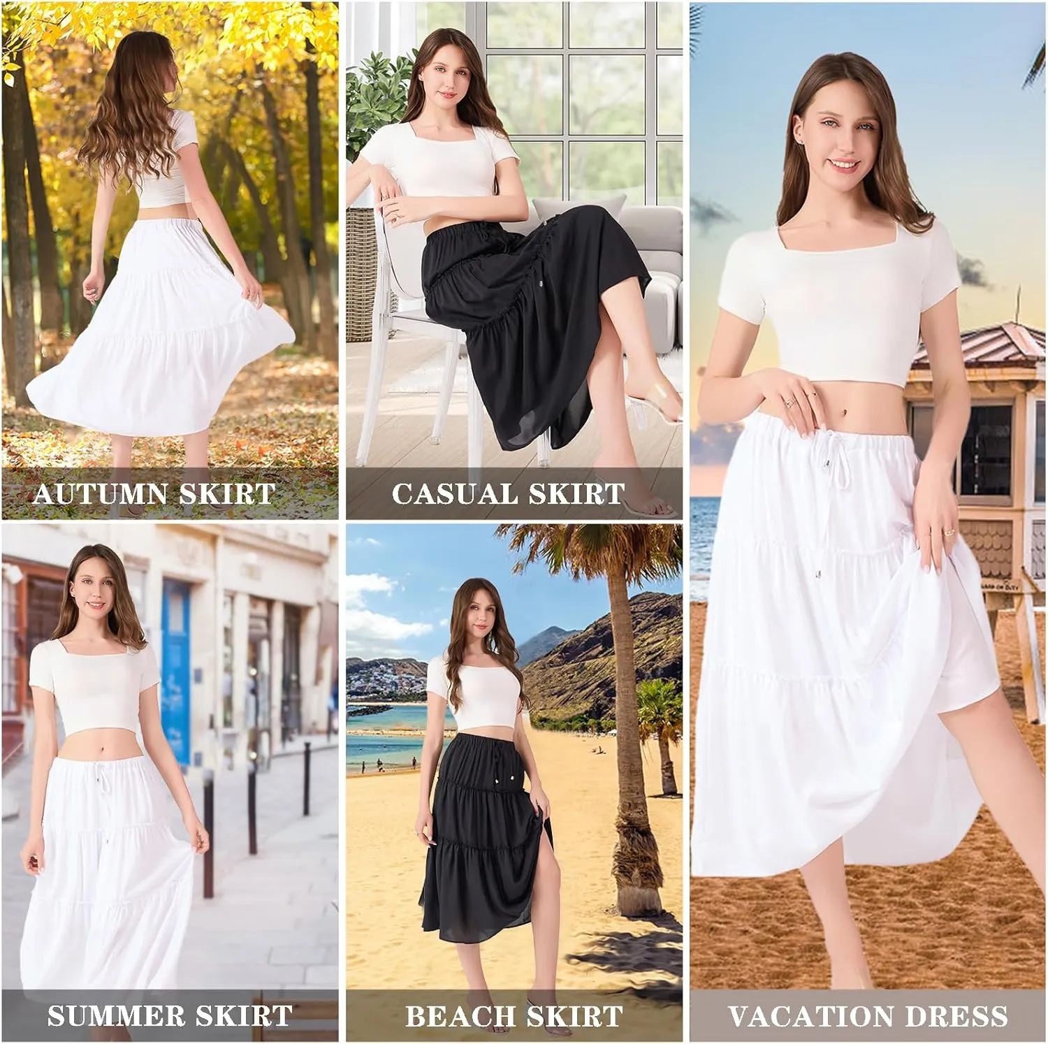 Women's Flowy Maxi Skirt Summer Casual High Elastic Waist TieFloral Boho Pleated A-Line Long Skirts for Beach Party Holiday