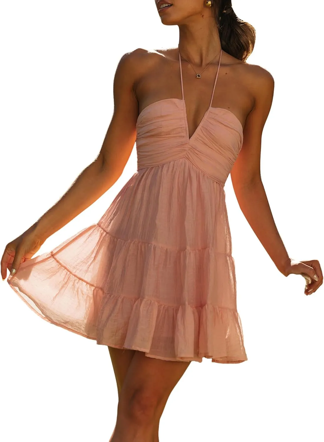 Women's Halter V Neck Mini Dress Ruched Sleeveless Ruffle Cut Out Flowy Tiered Cute Beach Club Short Dress