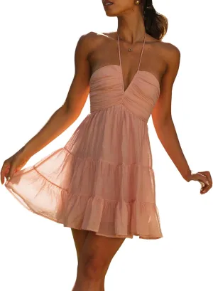 Women's Halter V Neck Mini Dress Ruched Sleeveless Ruffle Cut Out Flowy Tiered Cute Beach Club Short Dress