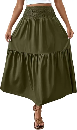 Women's High Elastic Waist Midi Skirt Casual Summer Trendy Tie Front Flowy Ruffle Floral Print A line Skirts