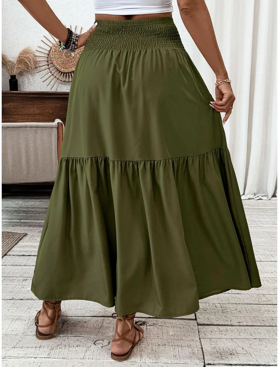 Women's High Elastic Waist Midi Skirt Casual Summer Trendy Tie Front Flowy Ruffle Floral Print A line Skirts