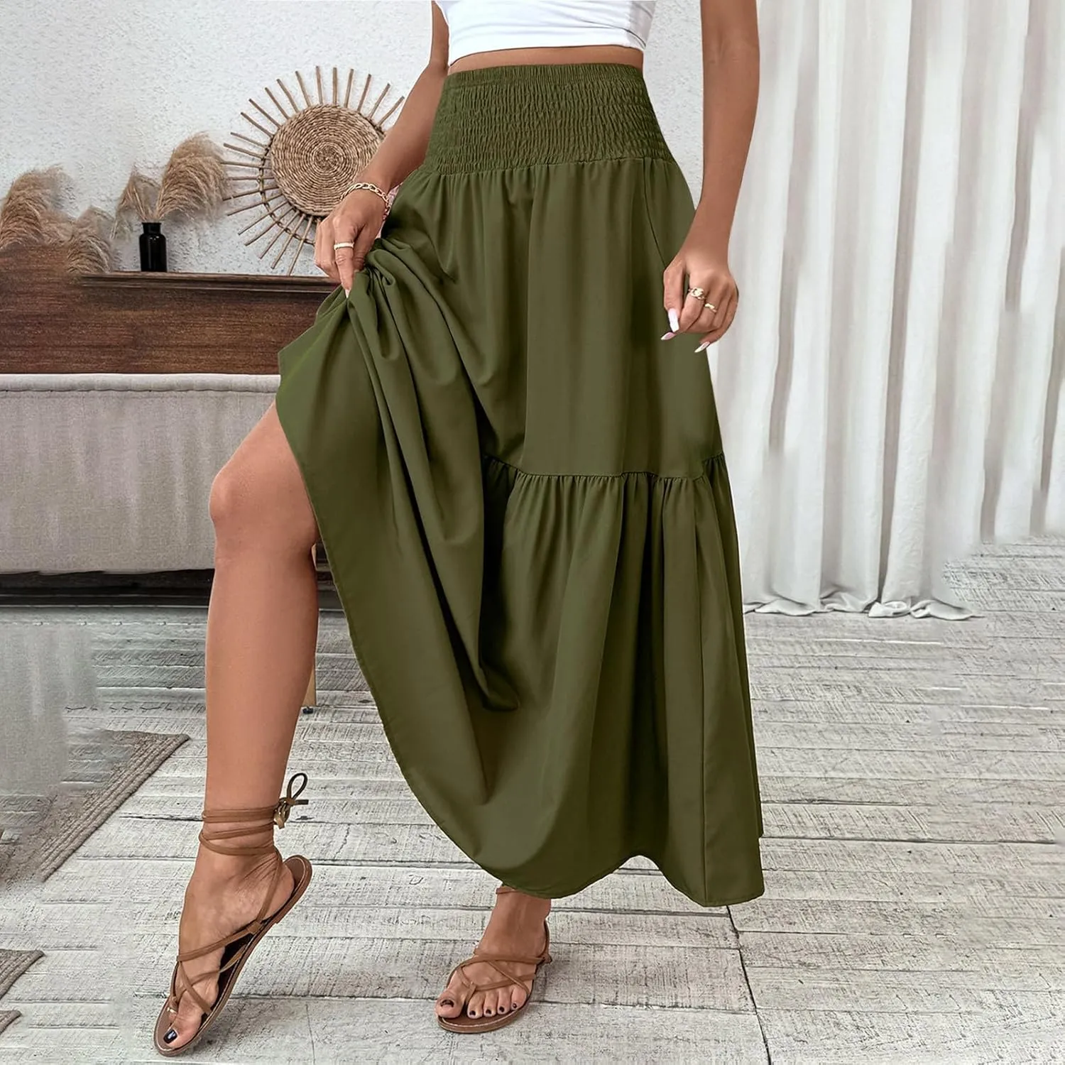 Women's High Elastic Waist Midi Skirt Casual Summer Trendy Tie Front Flowy Ruffle Floral Print A line Skirts