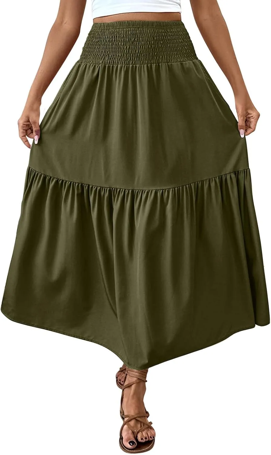 Women's High Elastic Waist Midi Skirt Casual Summer Trendy Tie Front Flowy Ruffle Floral Print A line Skirts
