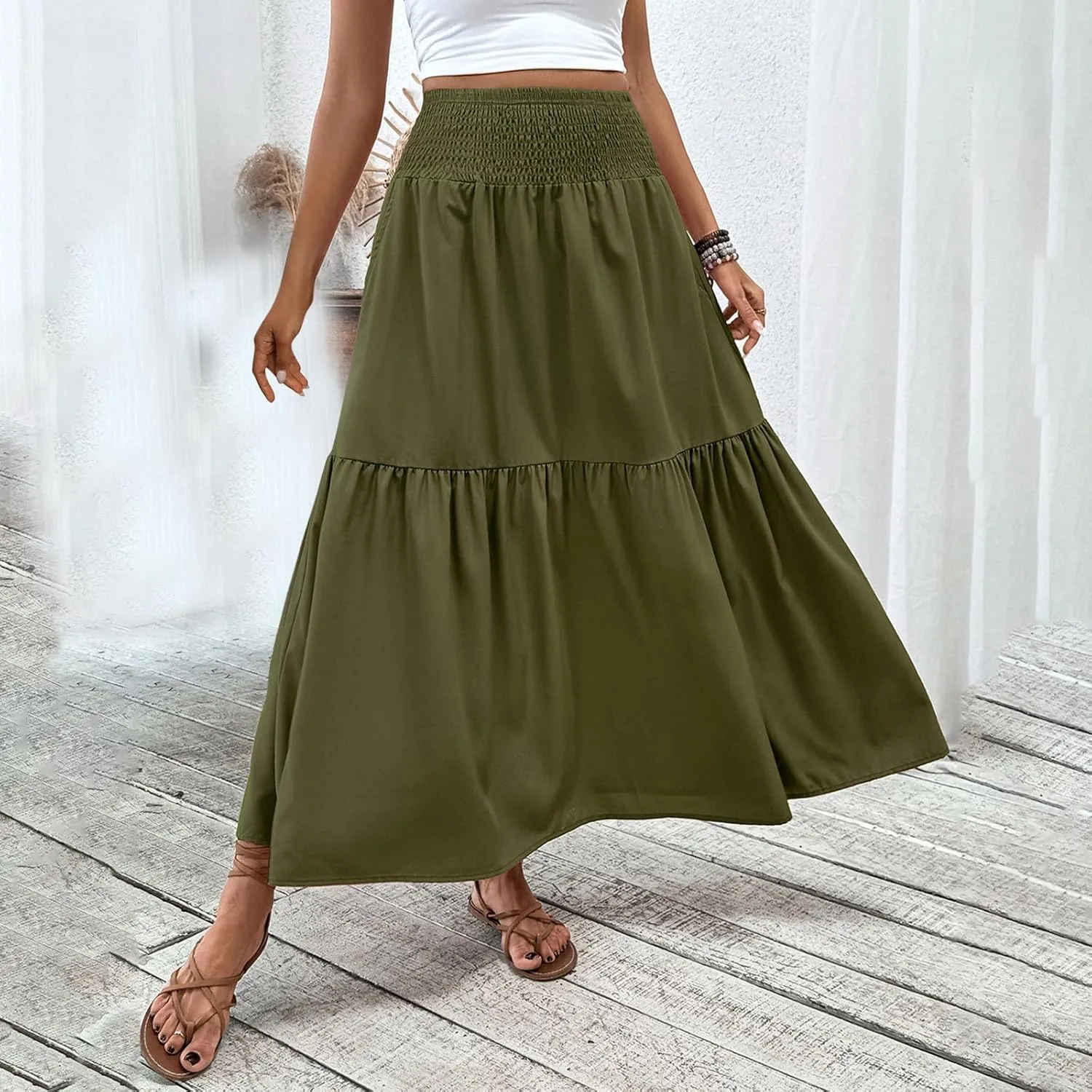 Women's High Elastic Waist Midi Skirt Casual Summer Trendy Tie Front Flowy Ruffle Floral Print A line Skirts