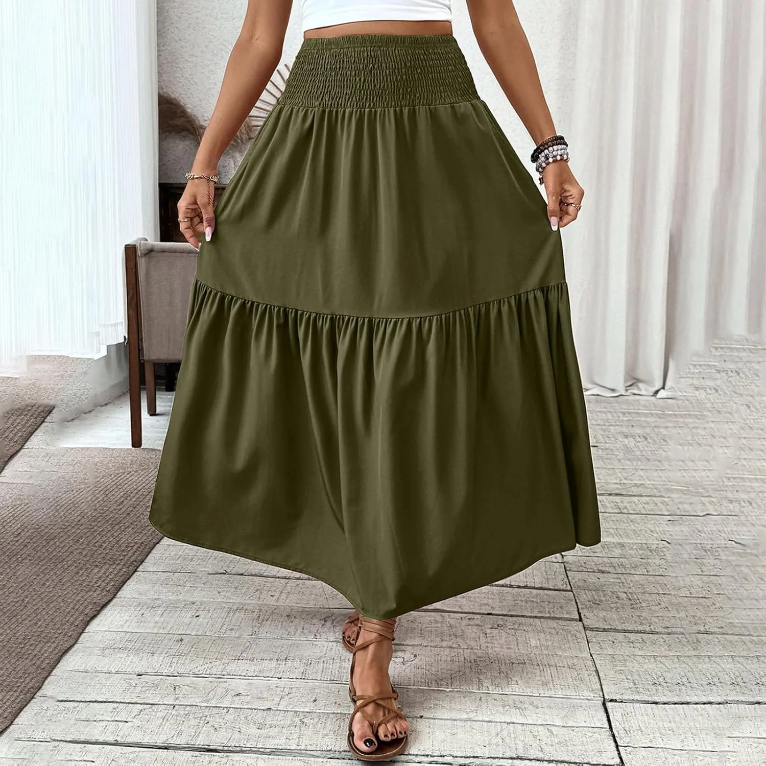 Women's High Elastic Waist Midi Skirt Casual Summer Trendy Tie Front Flowy Ruffle Floral Print A line Skirts